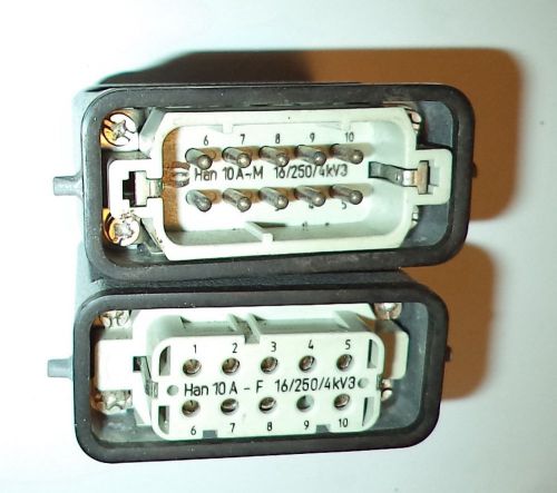 Harting Han 10A-M 10-PIN Male &amp; 10A-F 10-Pin Female Connectors w Aluminum Hoods