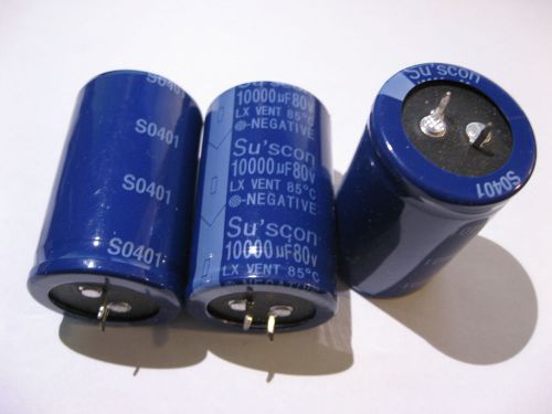 QTY 3 Suscon 10000uF 80V Electrolytic Capacitor 85C degree S0401 - NOS