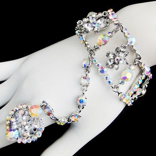 Wedding flower ring bracelet chain rhinestone crystal clear ab square for sale