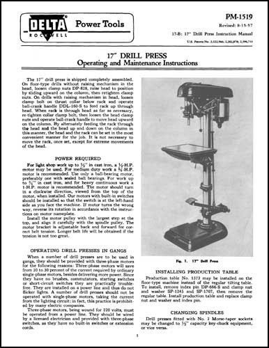 Delta Rockwell 17 Inch Drill Press Manual PM-1519