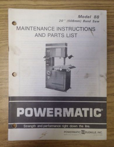 REAL Powermatic Model 88 20&#034; Band Saw Maintenance Instructions Parts List Manual