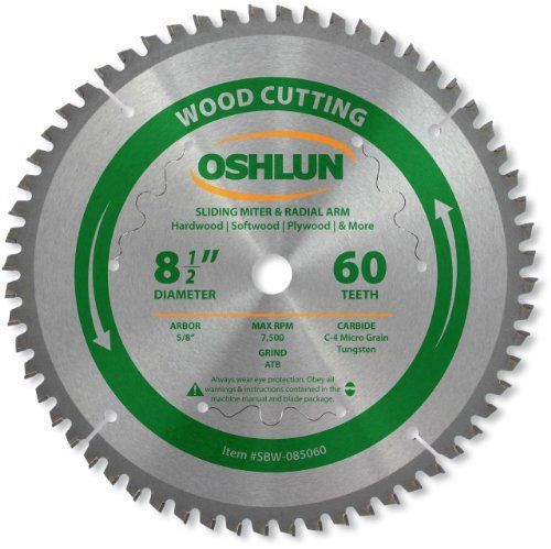 Oshlun SBW-085060 8-1/2-Inch 60 Tooth Negative Hook Finishing ATB Saw Blade wit
