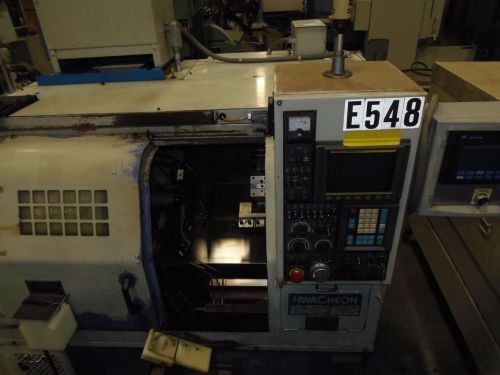 HWACHEON HIECO 10E, 6&#034; HYD. CHUCK, FANUC 0-T, CHIP CONVEYOR, 1999