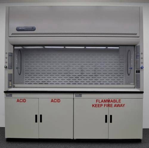 8&#039; labconco protector laboratory fume hood w/ flammable acid cabinets for sale