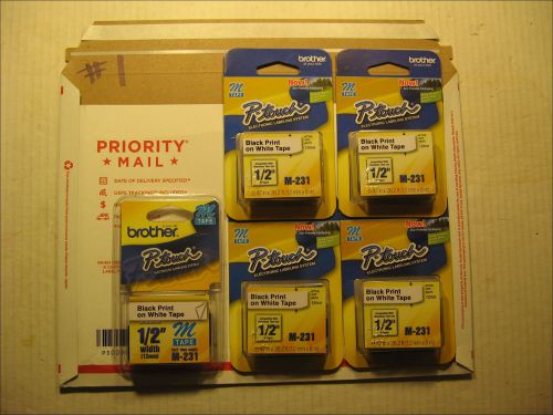 (5) Brother P-touch M-231 Tape Black Print on White New FREE USPS Priority Mail