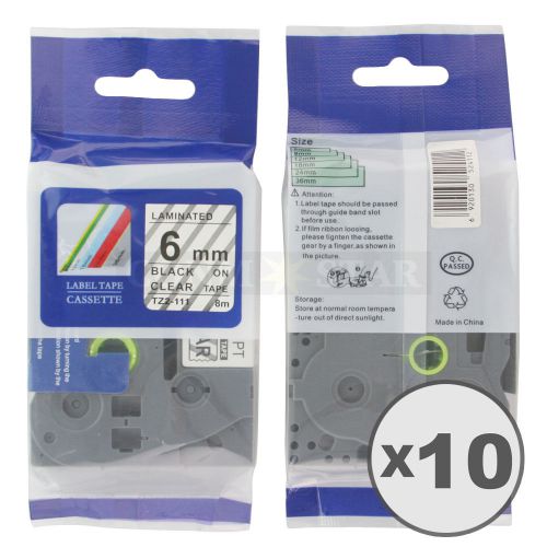 10pk Transparent on Black Tape Label for Brother P-Touch TZ TZe 111 6mm 1/4&#034;