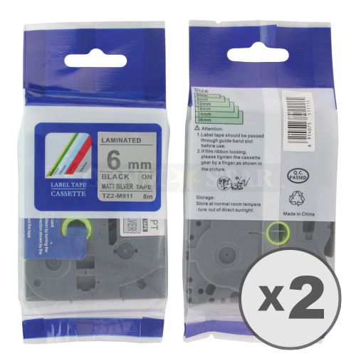 2pk black on matt silver tape compatible for brother ptouch tzm911 tzem911 6mm for sale