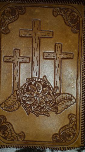 Large bible cover three crosses all leather handmade hand tooled brown natural for sale