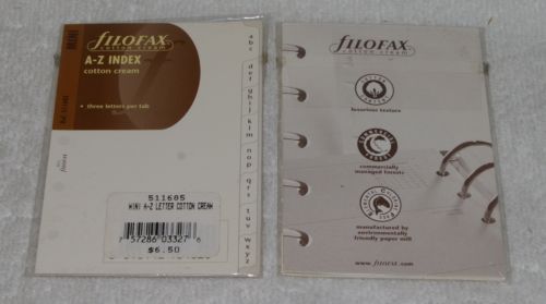 2 pc FILOFAX MINI A-Z Index Cotton Cream Insert Organizer Diary Agenda Diary