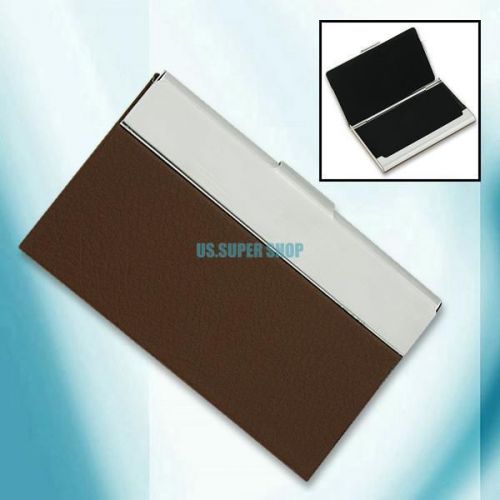 Brown faux leather coated metal frame credit name business card box case holder for sale