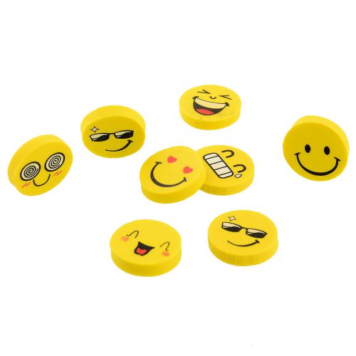 New Yellow 8pcs Smile Face Rubber Cute Laugh Look Erasers Students Office
