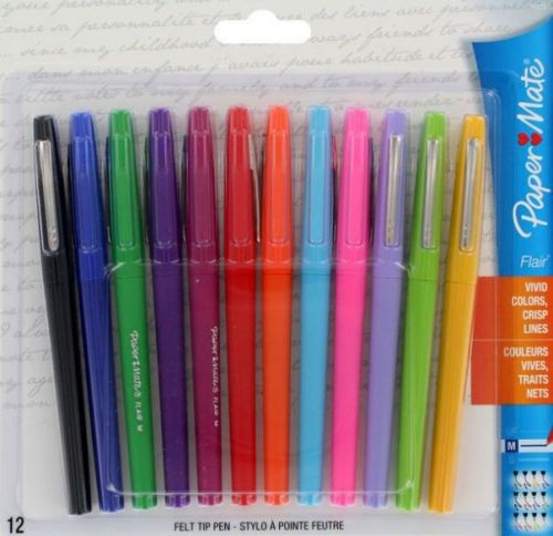 NIB! Paper Mate Flair felt tip  Medium Point Pens 12 Colored Pens NEW
