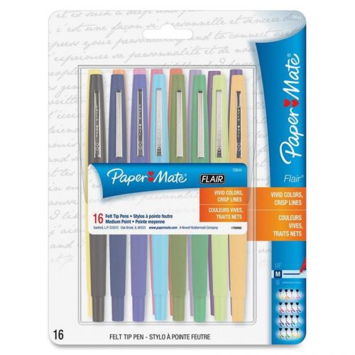 Paper mate flair felt tip pen markers, medium point, 16/set, assorted, pap70644 for sale