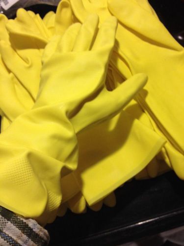 12 Pair Yellow Latex Rubber Dishwashing Cleaning Gloves Size Large 8 To 8-1/2