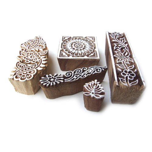 Assorted Hand Carved Floral Wooden Block Printng Design Tags (Set of 5)