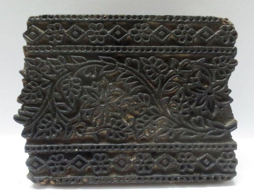 ANTIQUE INDIAN WOOD HAND CARVED TEXTILE PRINTING FABRIC BLOCK STAMP FINE FLORAL