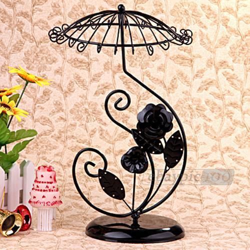 Black metal rose umbrella necklace jewelry display stand holder 13x8&#034; for sale