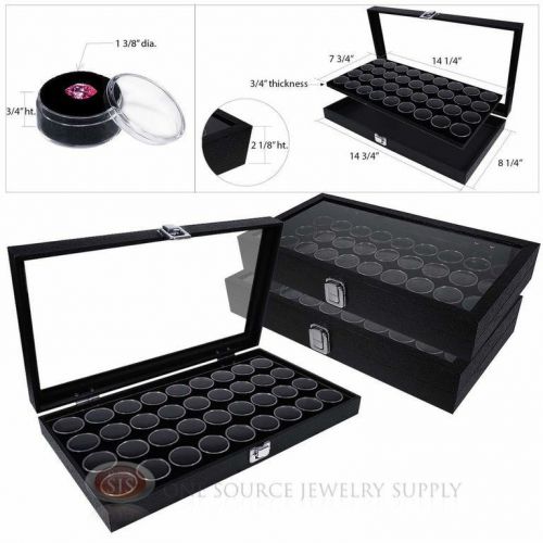 (3) black wooden glass top display cases w/ 3 black 36 gem jar gemstone inserts for sale
