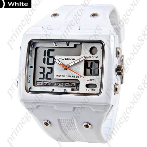Square Rubber Analog Digital Quartz Alarm Stopwatch Date Men&#039;s Wristwatch White