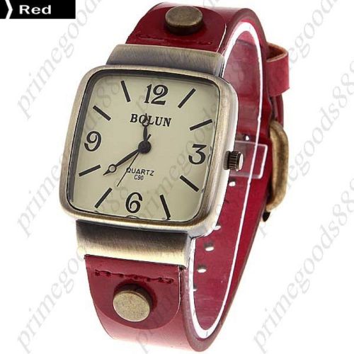 Square Case PU Leather Unisex Quartz Wrist Watch in Red Free Shipping