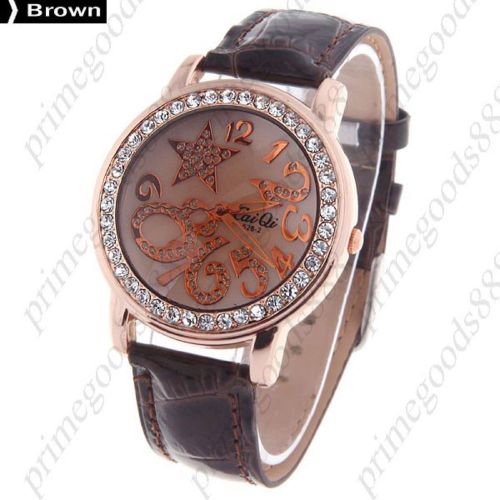 Round Star PU Leather Lady Ladies Wrist Quartz Wristwatch Women&#039;s Brown