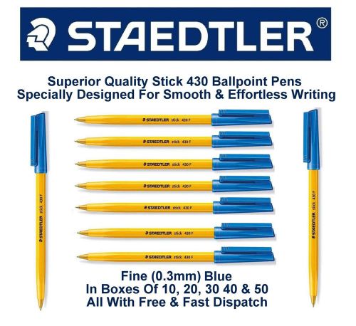 Staedtler 430 Fine 0.3mm Blue Stick Ballpoint Pens Writing Pen Colour Ink Nib