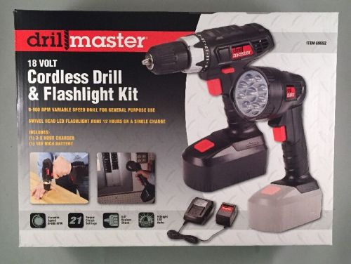 New Drill Master 18V 3/8&#034; Cordless Battery Drill Driver &amp; Flashlight Kit 18 Volt