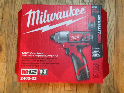 Brand new milwaukee 2462-22 m12 1/4&#034; hex impact driver cordless kit for sale