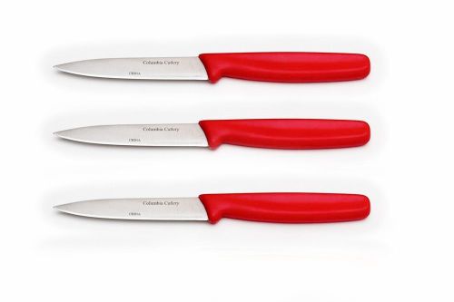 3 Columbia Cutlery Red Paring Knives - Brand New and Very Sharp!