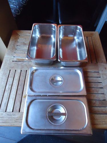 2 COMMERCIAL STAINLESS STEAM TABLE PANS 1/3 X 4&#034;DEEP + 2 LIDS GOOD USED