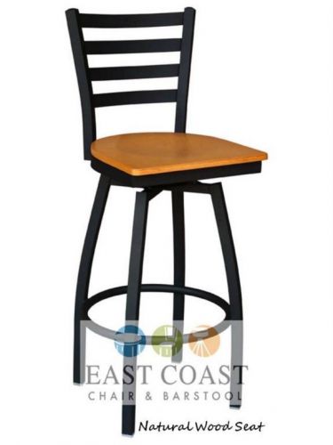 New Gladiator Commercial Ladder Back Metal Swivel Bar Stool w/ Natural Wood Seat