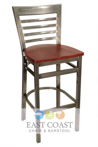 New gladiator clear coat full ladder back metal bar stool, mahogany wood seat for sale