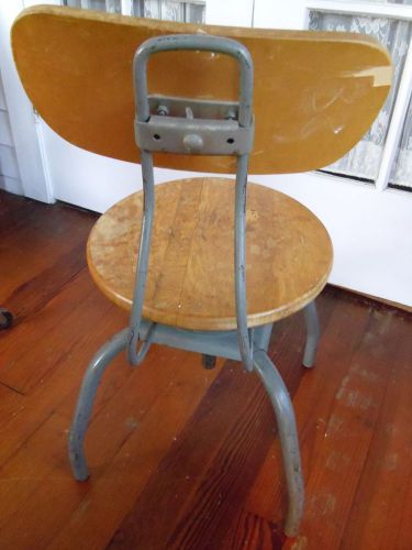 Older Drafting Stool with Back Rest - Adjustible - Wood and Metal - Heavy Duty