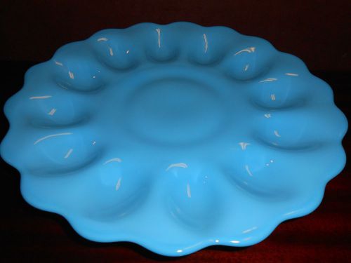 Blue milk glass Deviled Egg serving Plate / Platter tray milk bonnie opaque baby