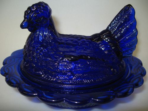 Cobalt Blue glass hen chicken on nest basket candy butter dish rooster eggs dark