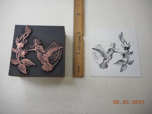 Letterpress Printing Printers Block, Hummingbird sips Fushia Flowers
