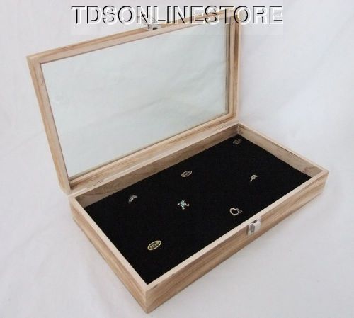 Rustic Antique Oak Color 144 Ring Glass Top Display Case Black 3&#034; Deep