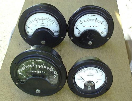 Lot of 4 Vintage Large Round Panel Meters Amps Volts DC 4 3/8&#034; dia.