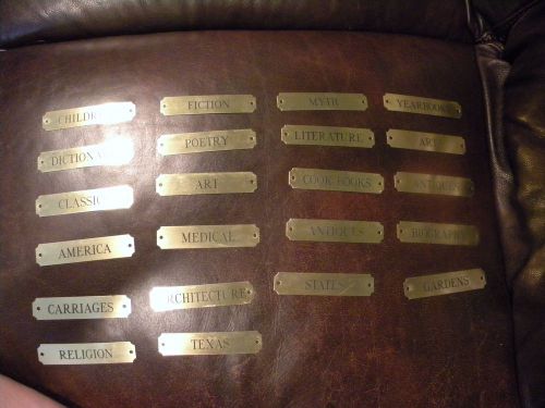 22 Library Shelf Labels, Brass Engraved, Screw On, 22 Categories