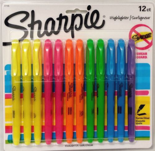 Sharpie Highlighter Pen Pocket Stylo Narrow Chisel Smear Guard Assorted, 12-Pack