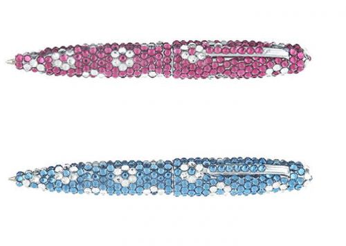 Two&#039;s Company Set of 2 Floral Design Crystal Embellished Pens BLUE &amp; PURPLE