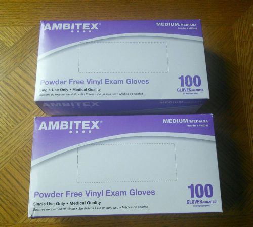 2 boxes of Ambitex Vinyl Exam Gloves Powder Free Size Medium 200 Total Count