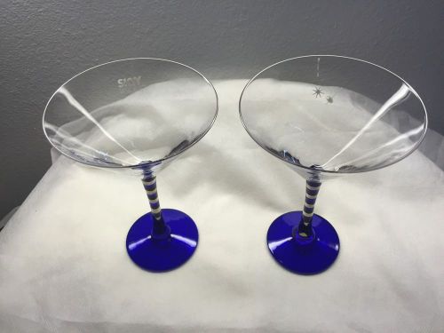 Vintage SKYY Vodka Martini Glass Set Of 2 Blue Silver Stem Rare