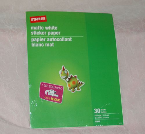 NEW Factory Sealed Staples Matte White Sticker Paper 30 sheet 8 1/2 x 11