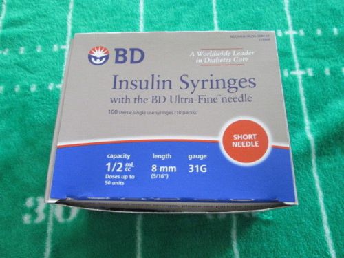 BD Insulin Syringes 1/2mL ~8mm ~ 31G Ultra Fine Short Needle ~ 100 count