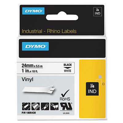 Rhino permanent vinyl industrial label tape, 1&#034; x 18 ft, white/black print for sale