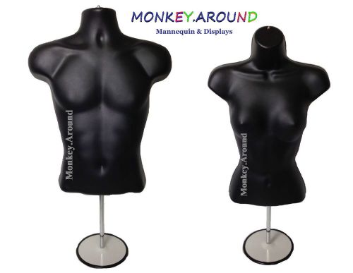 2 Mannequin Male Female Black Body Display Shirts Clothing Hanging Form + Stand