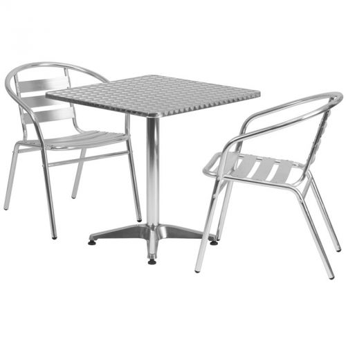 27.5&#039;&#039; Square Aluminum Indoor-Outdoor Table with 2 Slat Back Chairs