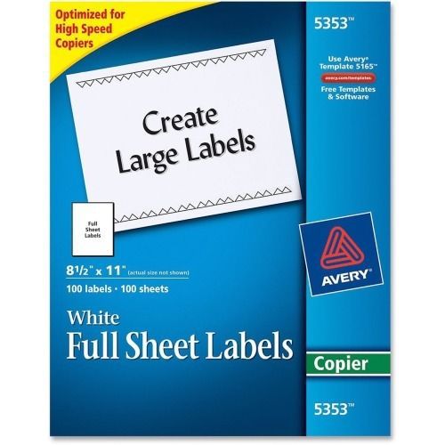 Avery 5353 Copier Labels, Full Sheet Label, 8-1/2&#034;x11&#034;, 100 Labels/BX, White