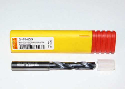 New sandvik 8.5mm (0.3346&#034;) 460.1-0850-026a1-xm gc34 solid carbide coolant drill for sale